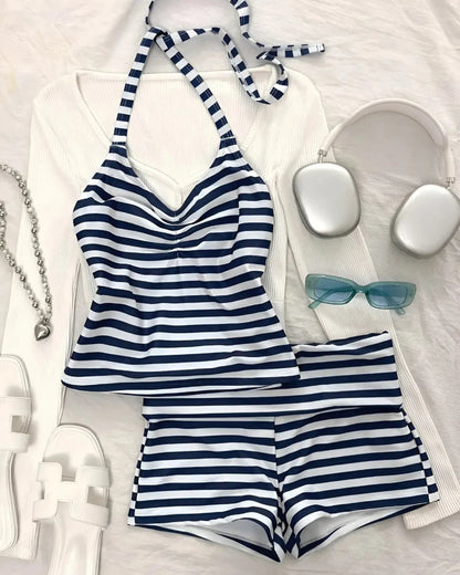 Striped Tankini – Halter Crop Top & Boyshorts Beach Vacation Sporty