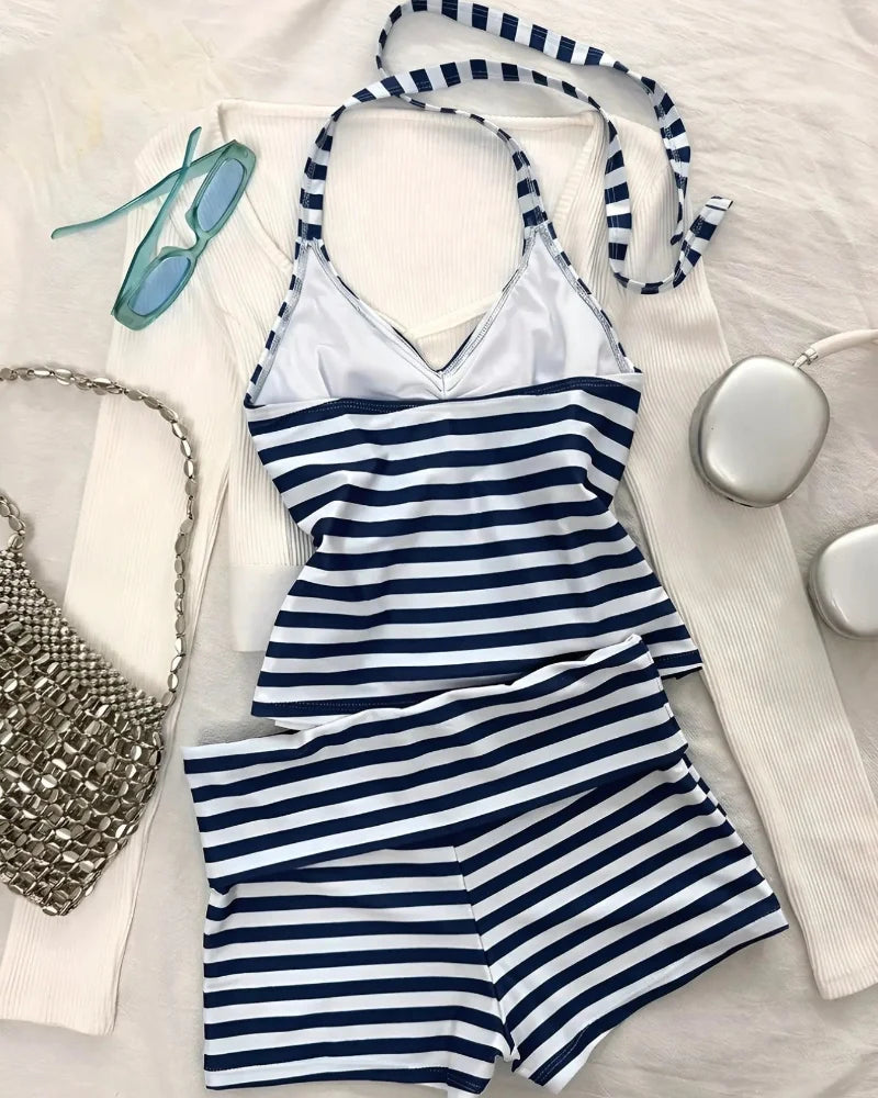 Striped Tankini – Halter Crop Top & Boyshorts Beach Vacation Sporty