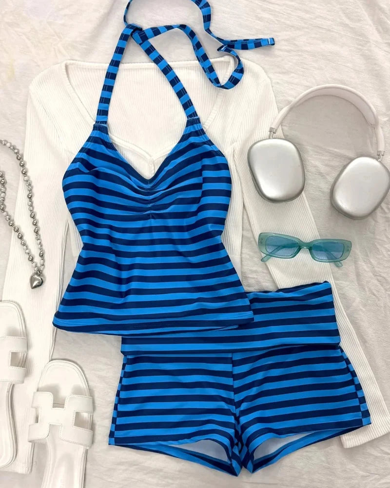 Striped Tankini – Halter Crop Top & Boyshorts Beach Vacation Sporty
