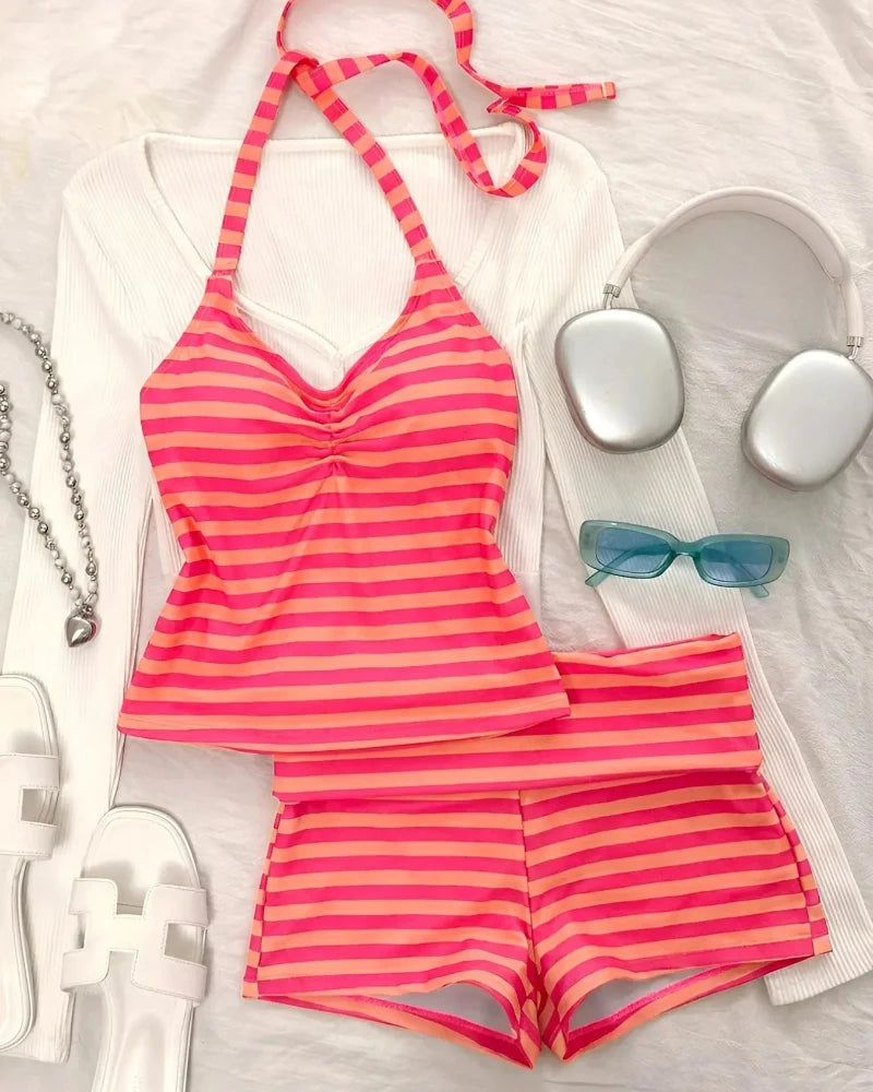 Striped Tankini – Halter Crop Top & Boyshorts Beach Vacation Sporty