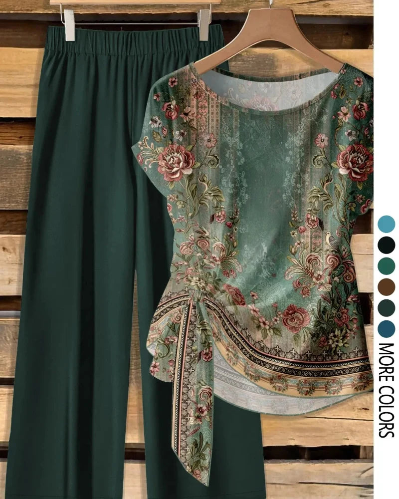 Women’s Printed Shirt & Loose Pants Set, Casual Summer 2-Piece Outfit