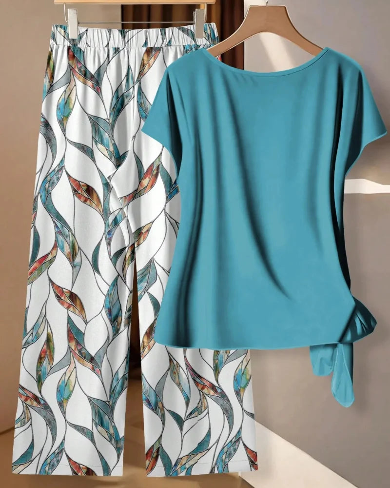 Women’s Printed Shirt & Loose Pants Set, Casual Summer 2-Piece Outfit