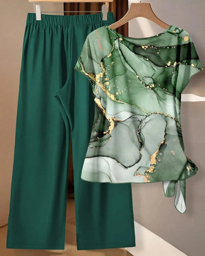 Women’s Printed Shirt & Loose Pants Set, Casual Summer 2-Piece Outfit