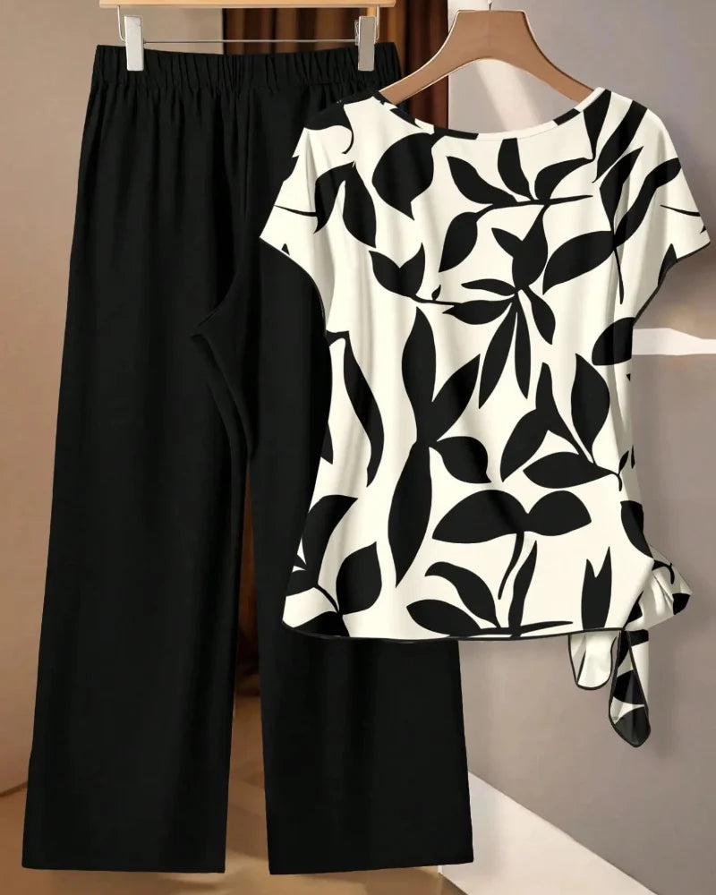 Women’s Printed Shirt & Loose Pants Set, Casual Summer 2-Piece Outfit