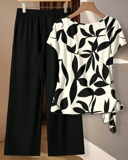 Women’s Printed Shirt & Loose Pants Set, Casual Summer 2-Piece Outfit