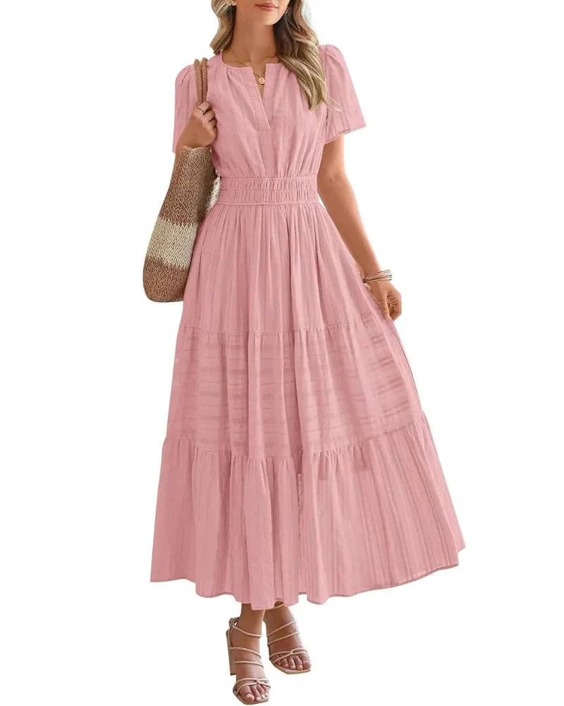 Women’s Boho Maxi Dress, V-Neck Short Sleeve Summer Dress with Pockets