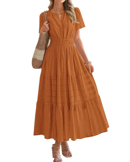 Women’s Boho Maxi Dress, V-Neck Short Sleeve Summer Dress with Pockets