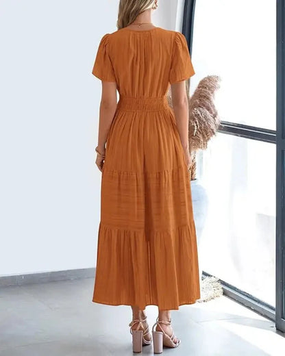 Women’s Boho Maxi Dress, V-Neck Short Sleeve Summer Dress with Pockets