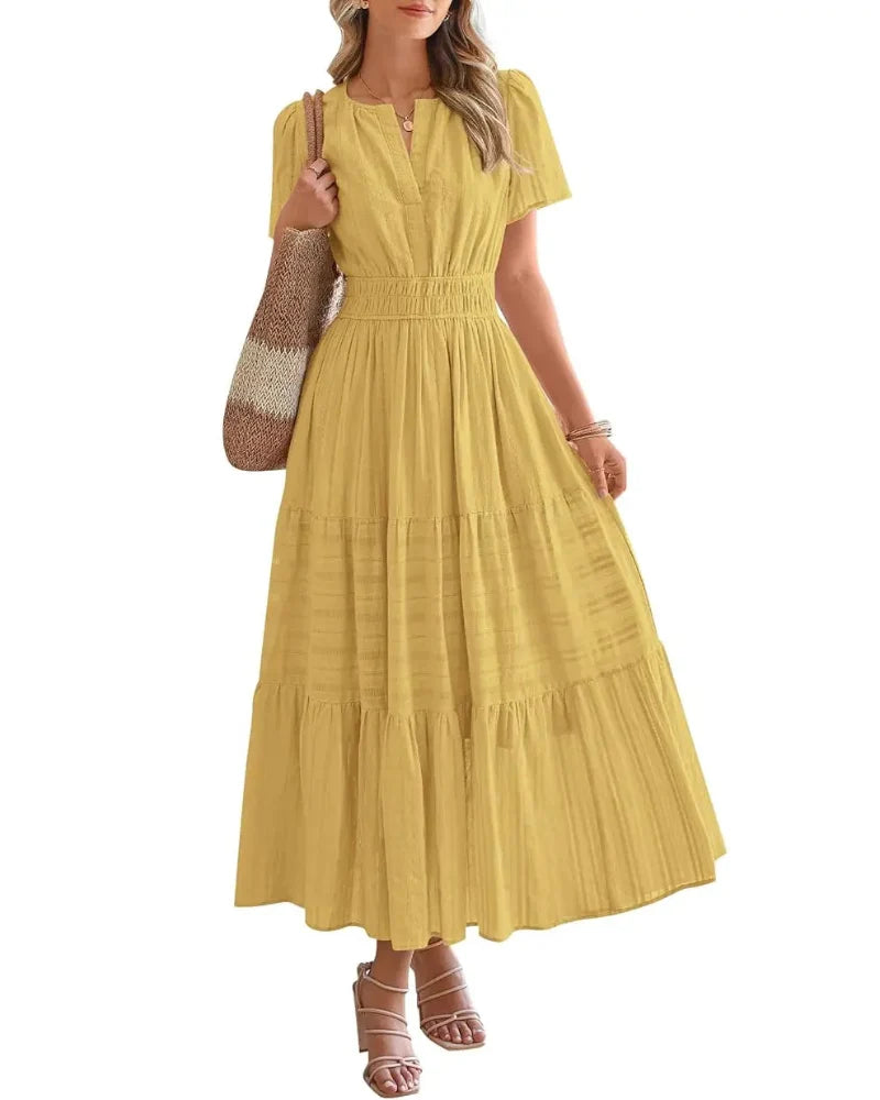 Women’s Boho Maxi Dress, V-Neck Short Sleeve Summer Dress with Pockets
