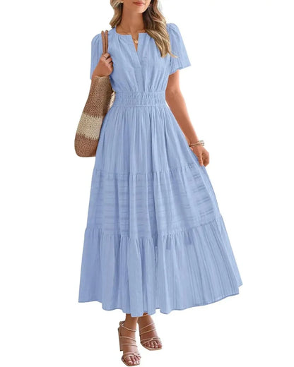 Women’s Boho Maxi Dress, V-Neck Short Sleeve Summer Dress with Pockets