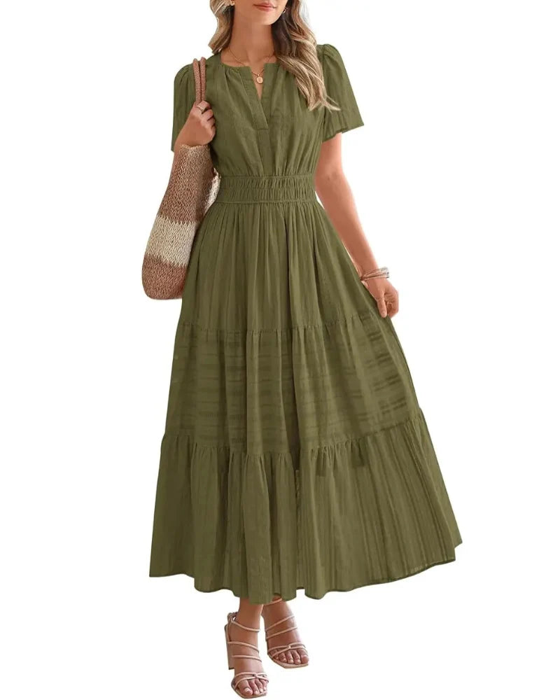 Women’s Boho Maxi Dress, V-Neck Short Sleeve Summer Dress with Pockets