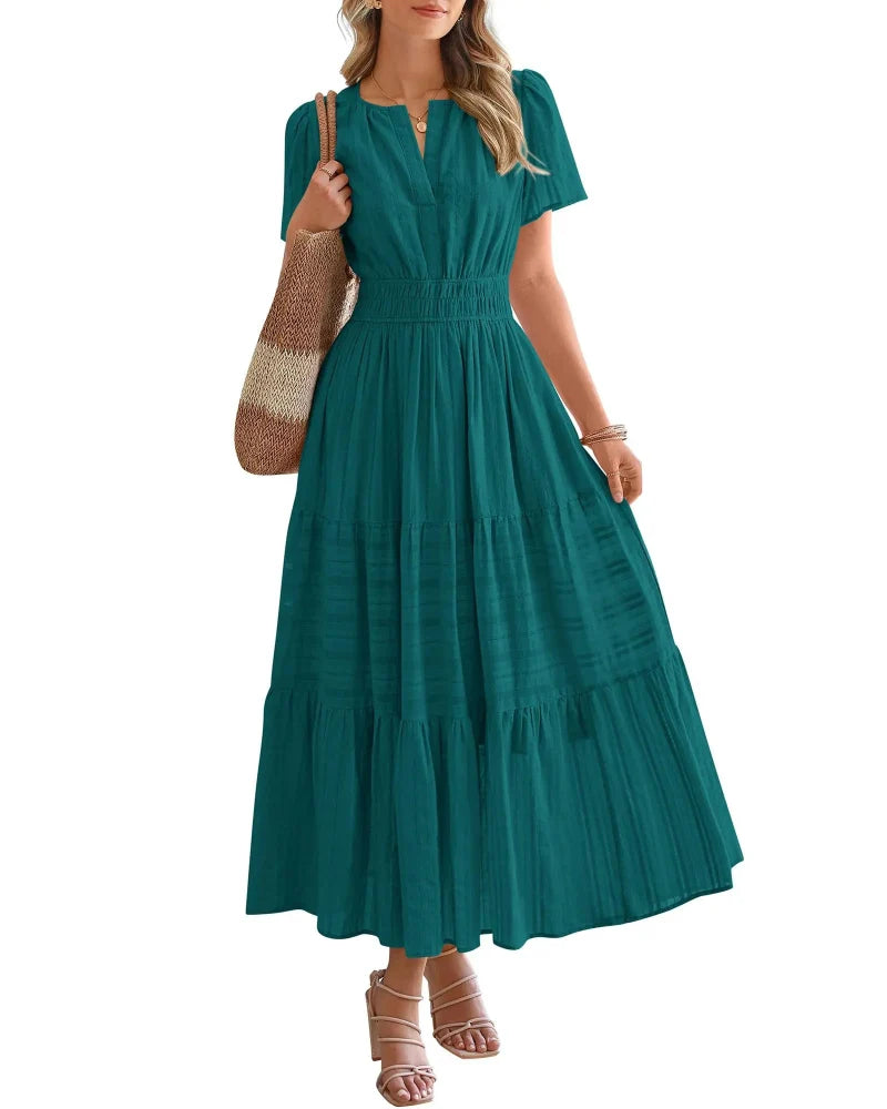 Women’s Boho Maxi Dress, V-Neck Short Sleeve Summer Dress with Pockets