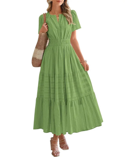 Women’s Boho Maxi Dress, V-Neck Short Sleeve Summer Dress with Pockets