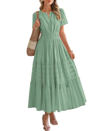 Women’s Boho Maxi Dress, V-Neck Short Sleeve Summer Dress with Pockets