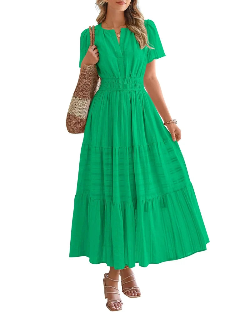 Women’s Boho Maxi Dress, V-Neck Short Sleeve Summer Dress with Pockets