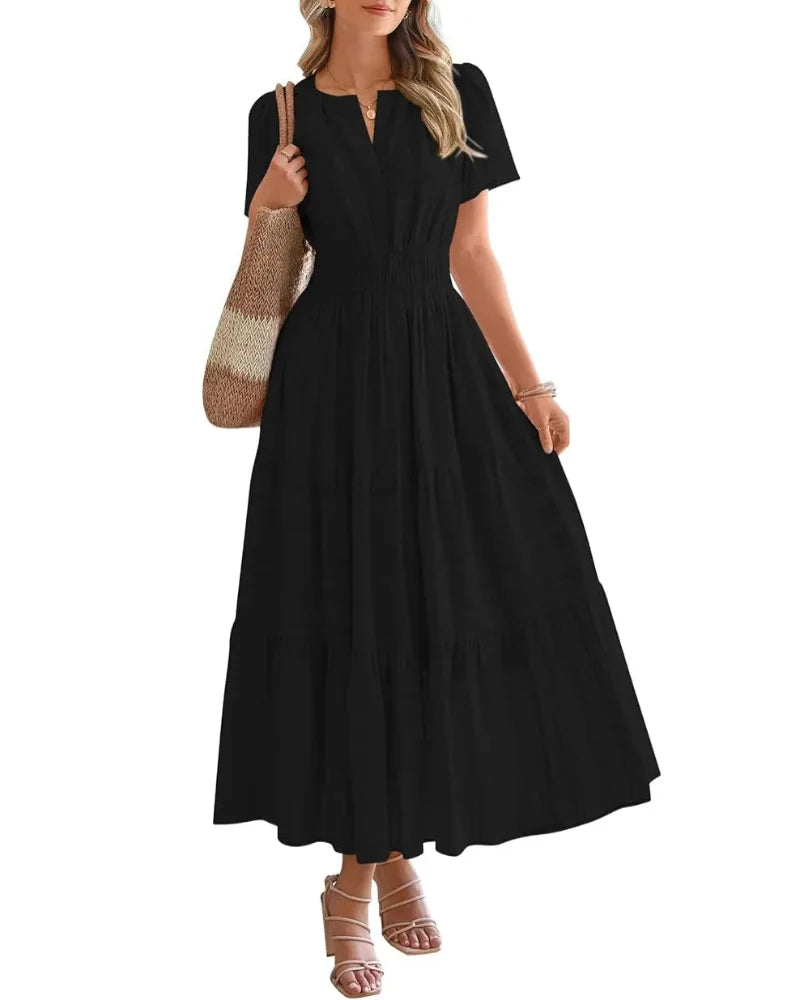 Women’s Boho Maxi Dress, V-Neck Short Sleeve Summer Dress with Pockets