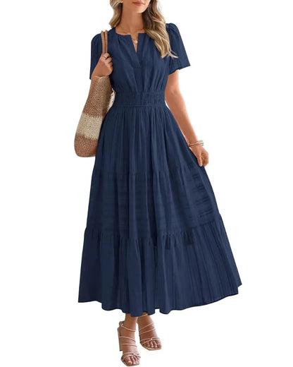 Women’s Boho Maxi Dress, V-Neck Short Sleeve Summer Dress with Pockets