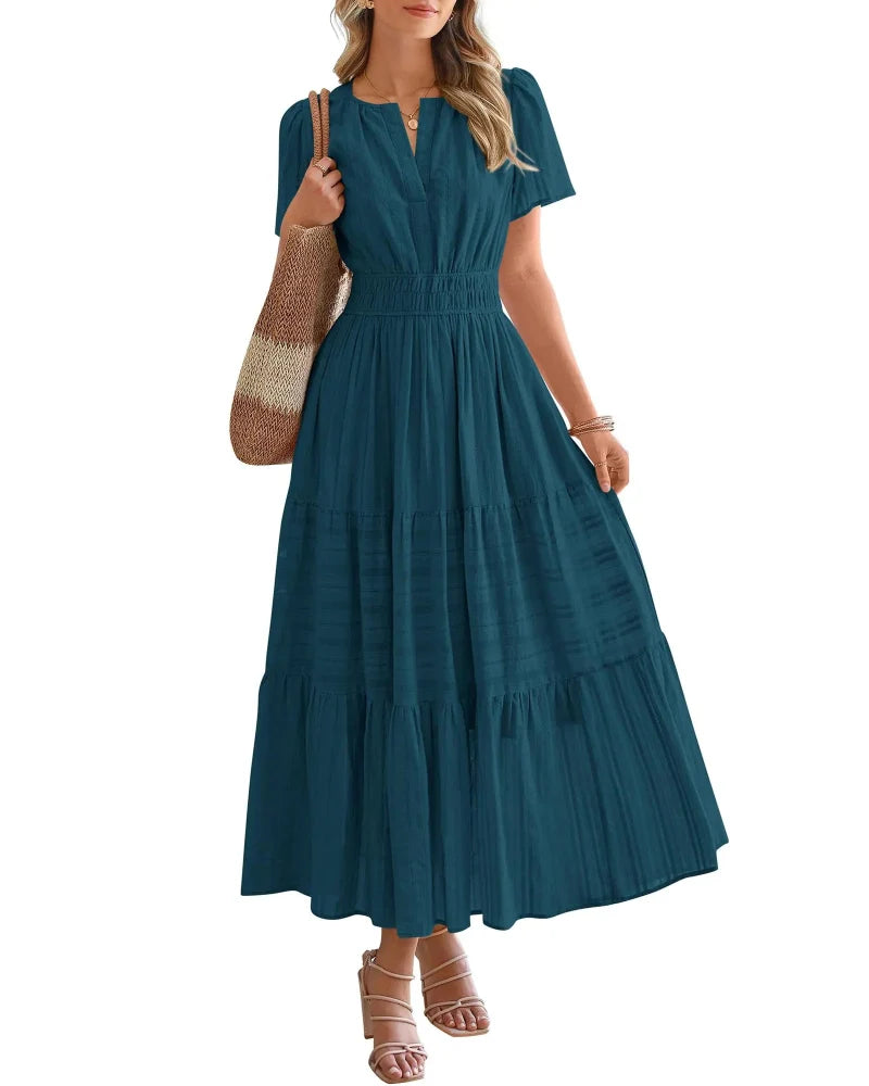 Women’s Boho Maxi Dress, V-Neck Short Sleeve Summer Dress with Pockets