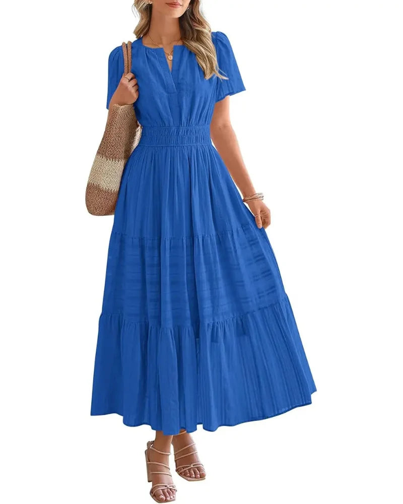 Women’s Boho Maxi Dress, V-Neck Short Sleeve Summer Dress with Pockets