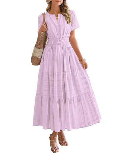 Women’s Boho Maxi Dress, V-Neck Short Sleeve Summer Dress with Pockets