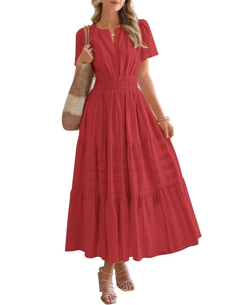 Women’s Boho Maxi Dress, V-Neck Short Sleeve Summer Dress with Pockets
