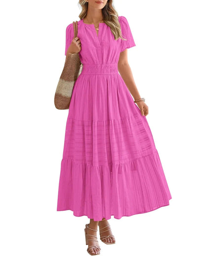 Women’s Boho Maxi Dress, V-Neck Short Sleeve Summer Dress with Pockets