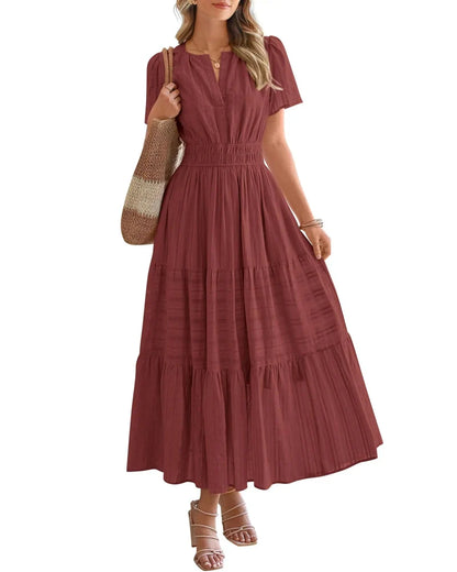 Women’s Boho Maxi Dress, V-Neck Short Sleeve Summer Dress with Pockets