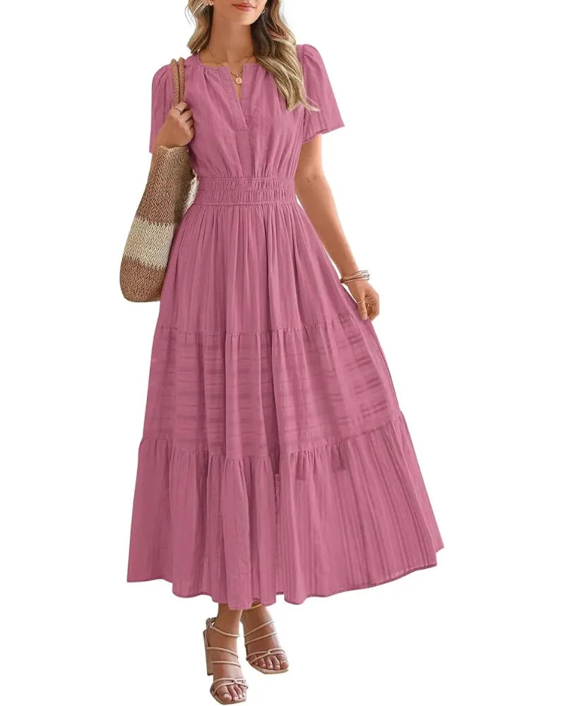 Women’s Boho Maxi Dress, V-Neck Short Sleeve Summer Dress with Pockets