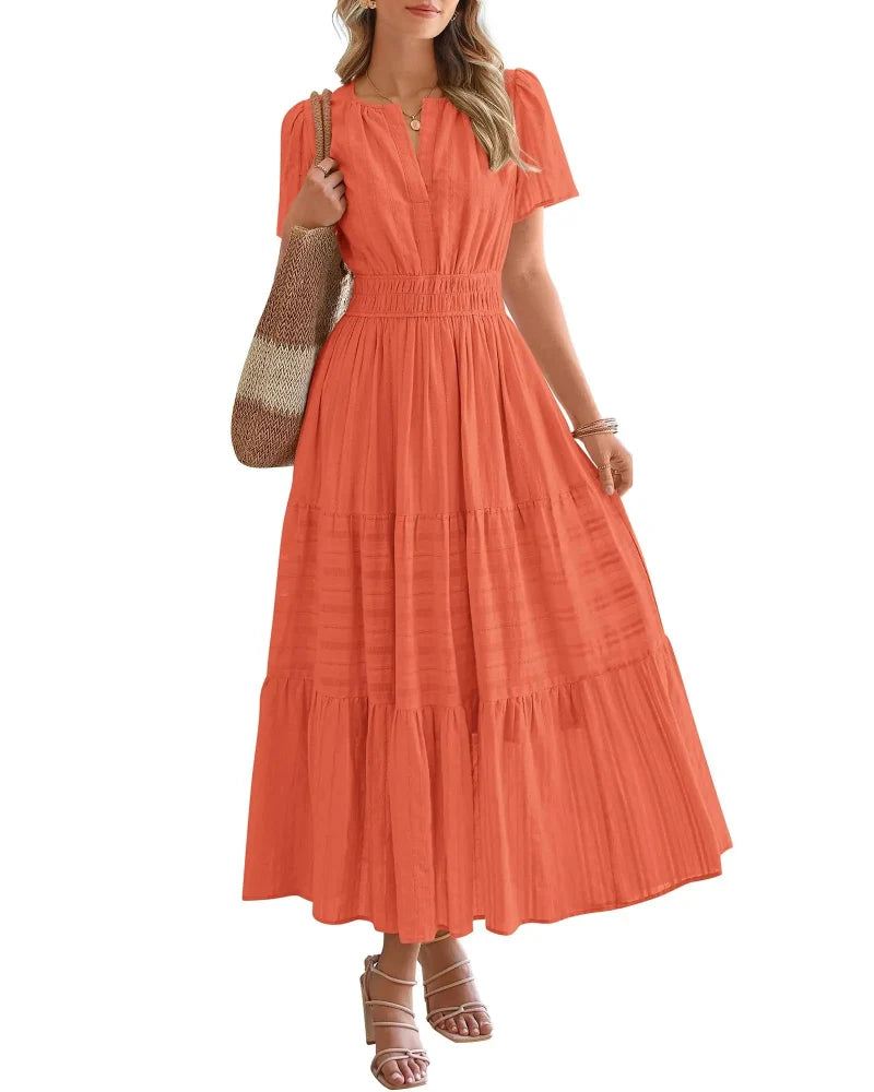 Women’s Boho Maxi Dress, V-Neck Short Sleeve Summer Dress with Pockets