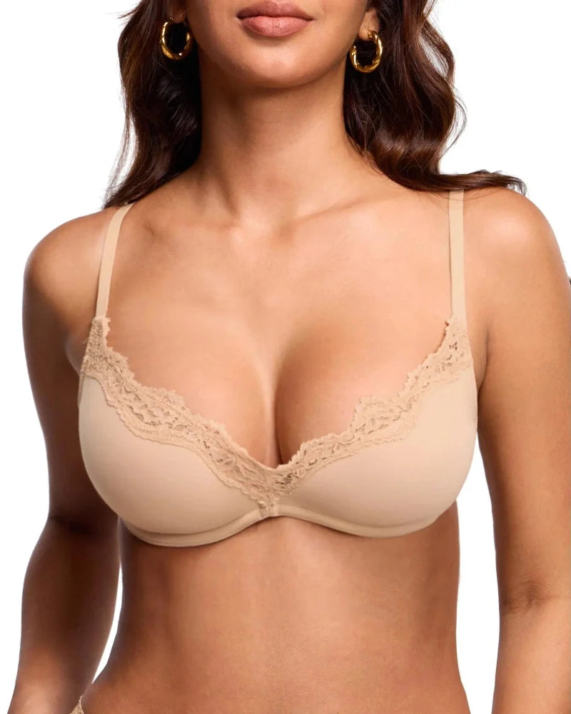 Women’s Lace Trim Balconette Bra Sexy Deep V Underwire Demi Bra