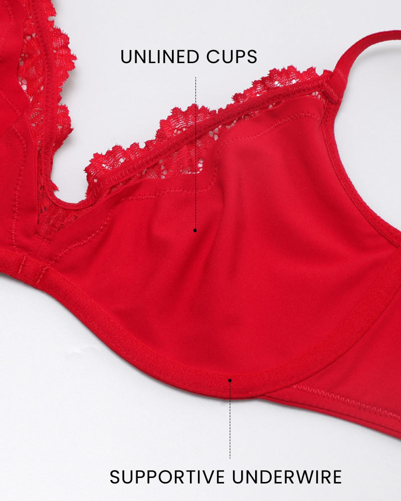 Women’s Lace Trim Balconette Bra Sexy Deep V Underwire Demi Bra
