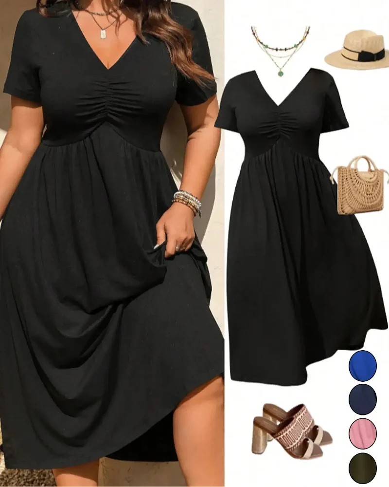 Plus Size V-Neck Ruched Midi Dress Short Sleeve Flowy A-Line Summer Dress