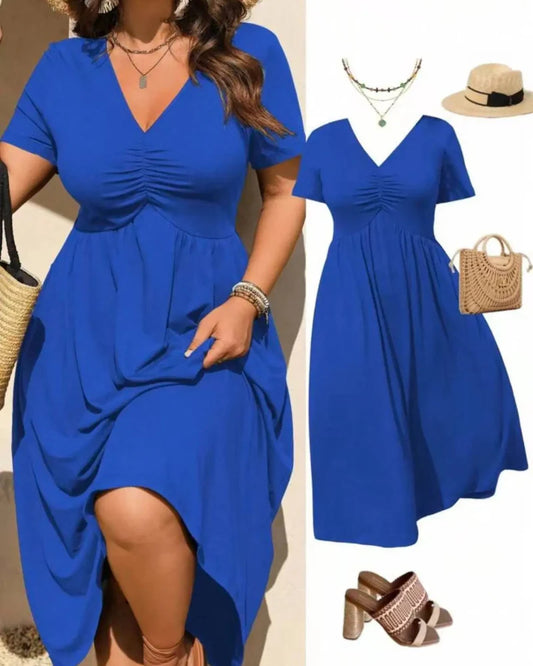Plus Size V-Neck Ruched Midi Dress Short Sleeve Flowy A-Line Summer Dress