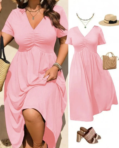Plus Size V-Neck Ruched Midi Dress Short Sleeve Flowy A-Line Summer Dress