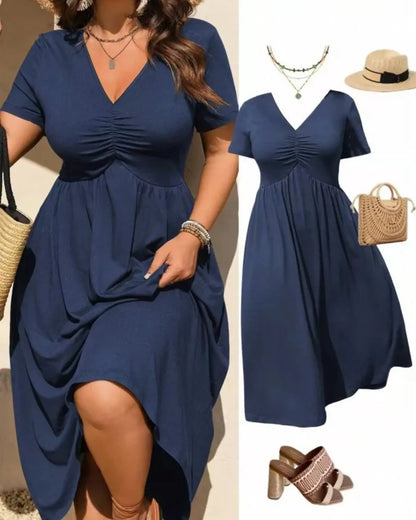 Plus Size V-Neck Ruched Midi Dress Short Sleeve Flowy A-Line Summer Dress