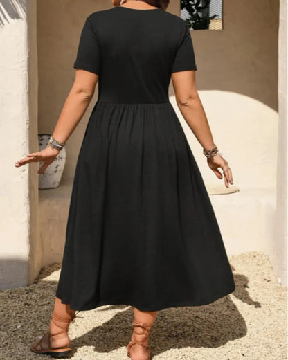 Plus Size V-Neck Ruched Midi Dress Short Sleeve Flowy A-Line Summer Dress