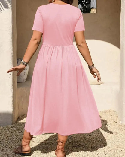 Plus Size V-Neck Ruched Midi Dress Short Sleeve Flowy A-Line Summer Dress