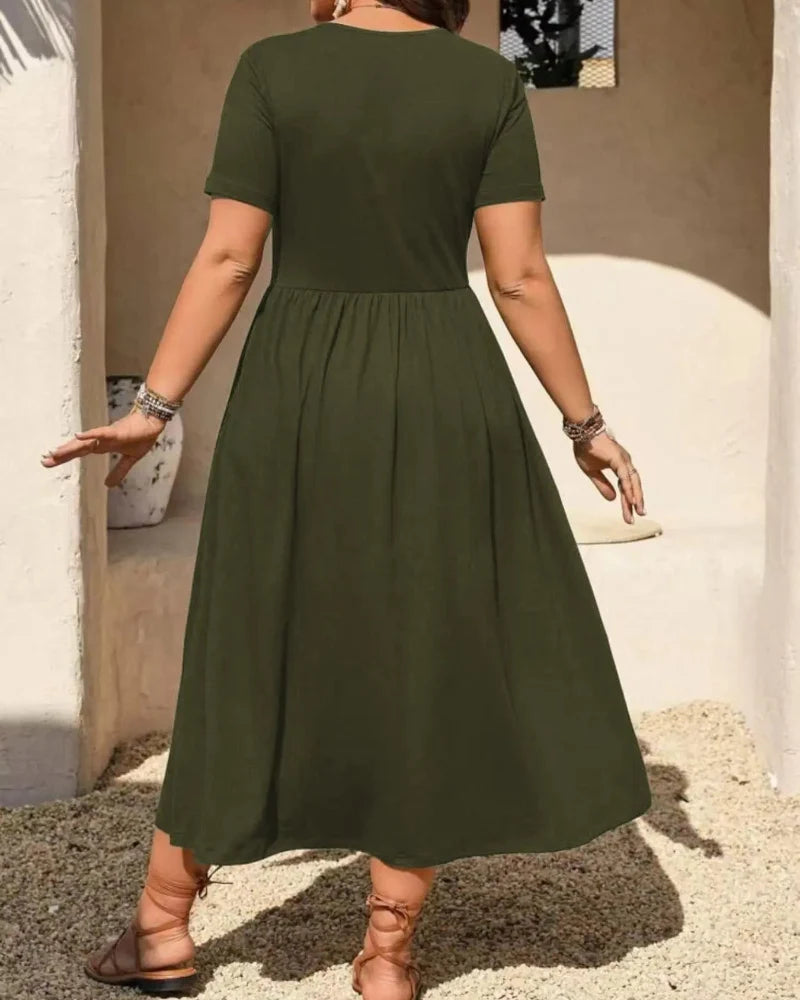 Plus Size V-Neck Ruched Midi Dress Short Sleeve Flowy A-Line Summer Dress