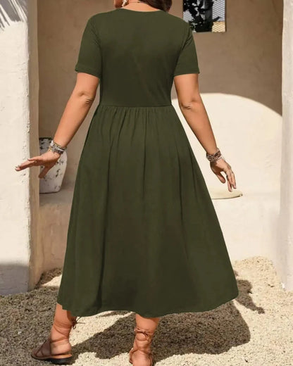 Plus Size V-Neck Ruched Midi Dress Short Sleeve Flowy A-Line Summer Dress