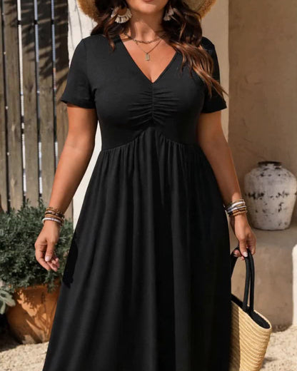 Plus Size V-Neck Ruched Midi Dress Short Sleeve Flowy A-Line Summer Dress