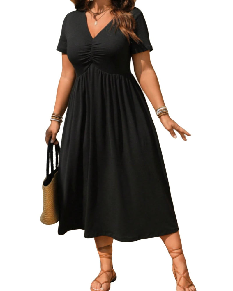Plus Size V-Neck Ruched Midi Dress Short Sleeve Flowy A-Line Summer Dress