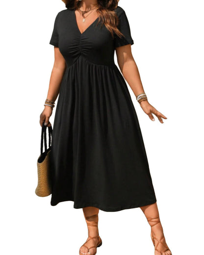 Plus Size V-Neck Ruched Midi Dress Short Sleeve Flowy A-Line Summer Dress