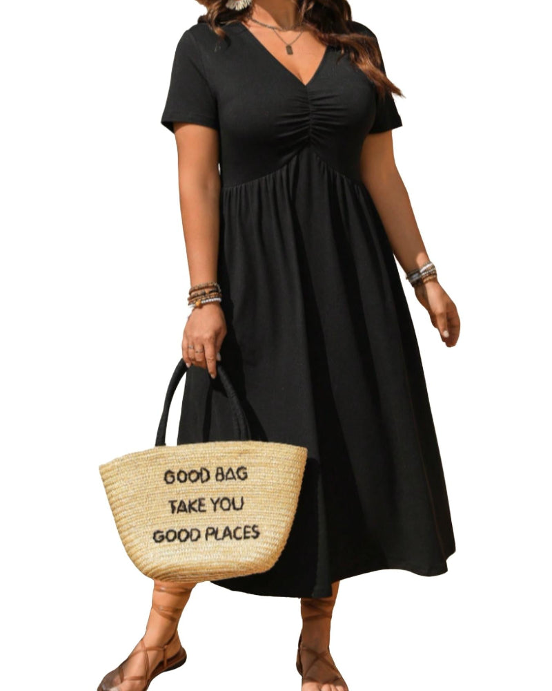 Plus Size V-Neck Ruched Midi Dress Short Sleeve Flowy A-Line Summer Dress