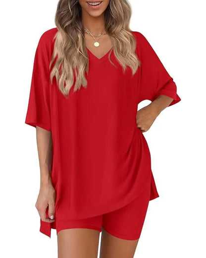 Casual 2-Piece Loungewear Set Oversized Split Hem Top & Fitted Shorts