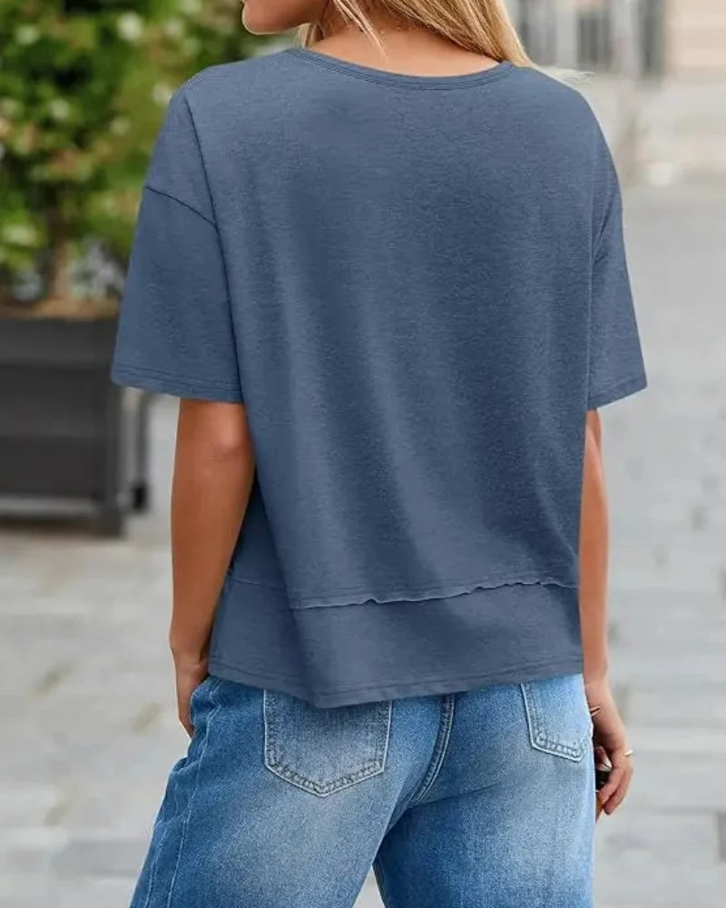 Women's V-Neck Summer Tee, Short Sleeve Loose Fit Casual Top