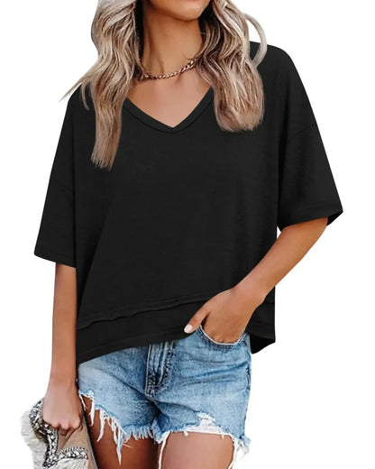 Women's V-Neck Summer Tee, Short Sleeve Loose Fit Casual Top