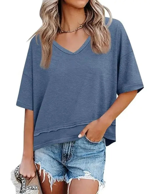 Women's V-Neck Summer Tee, Short Sleeve Loose Fit Casual Top