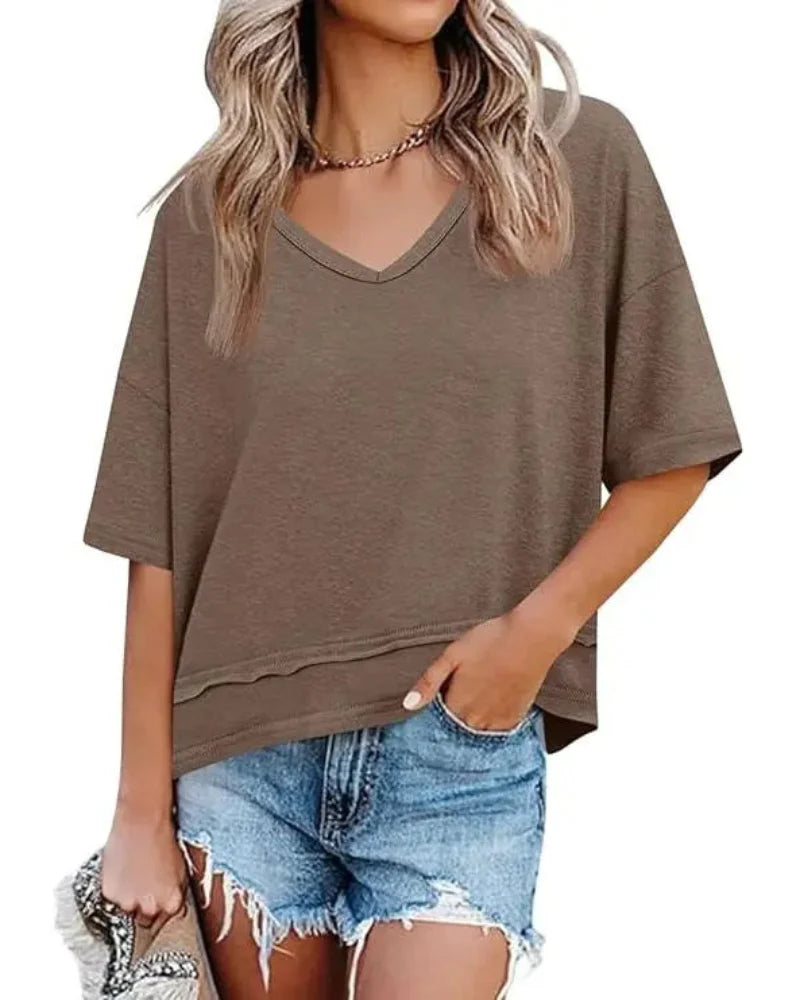 Women's V-Neck Summer Tee, Short Sleeve Loose Fit Casual Top