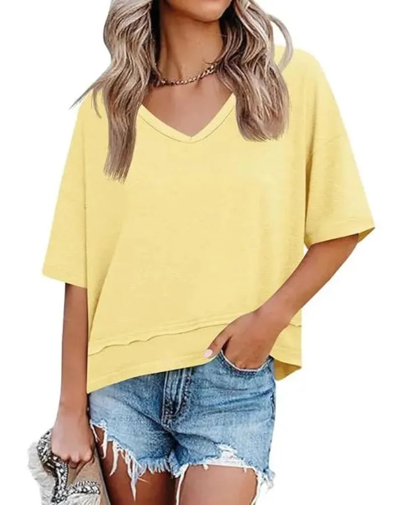Women's V-Neck Summer Tee, Short Sleeve Loose Fit Casual Top