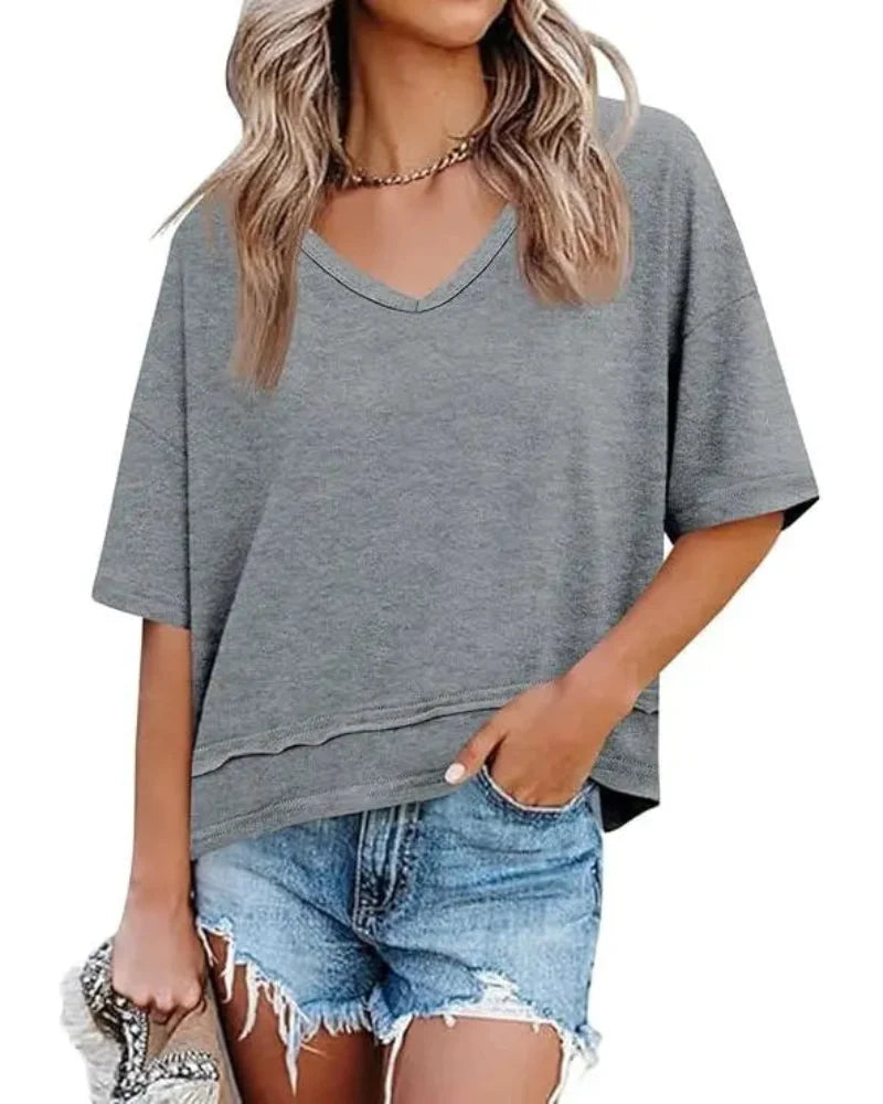 Women's V-Neck Summer Tee, Short Sleeve Loose Fit Casual Top